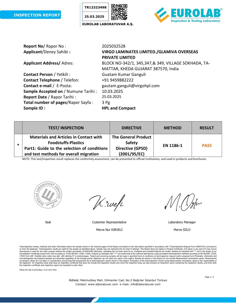 EN 1186-1 — Overall Migration certificate