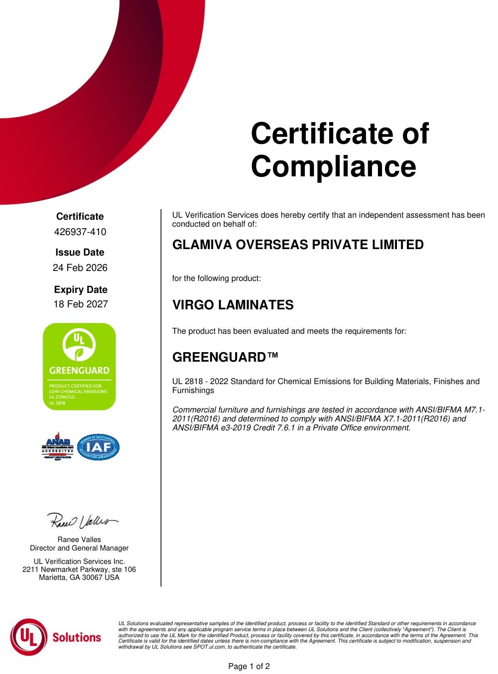 GREENGUARD — Laminates certificate
