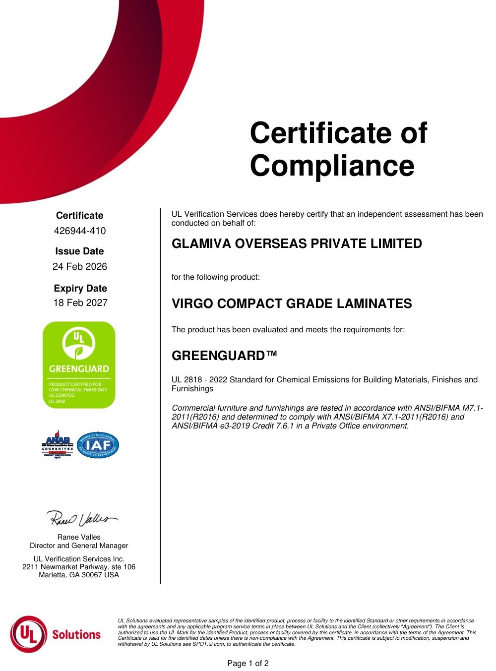 GREENGUARD — Compact Grade certificate