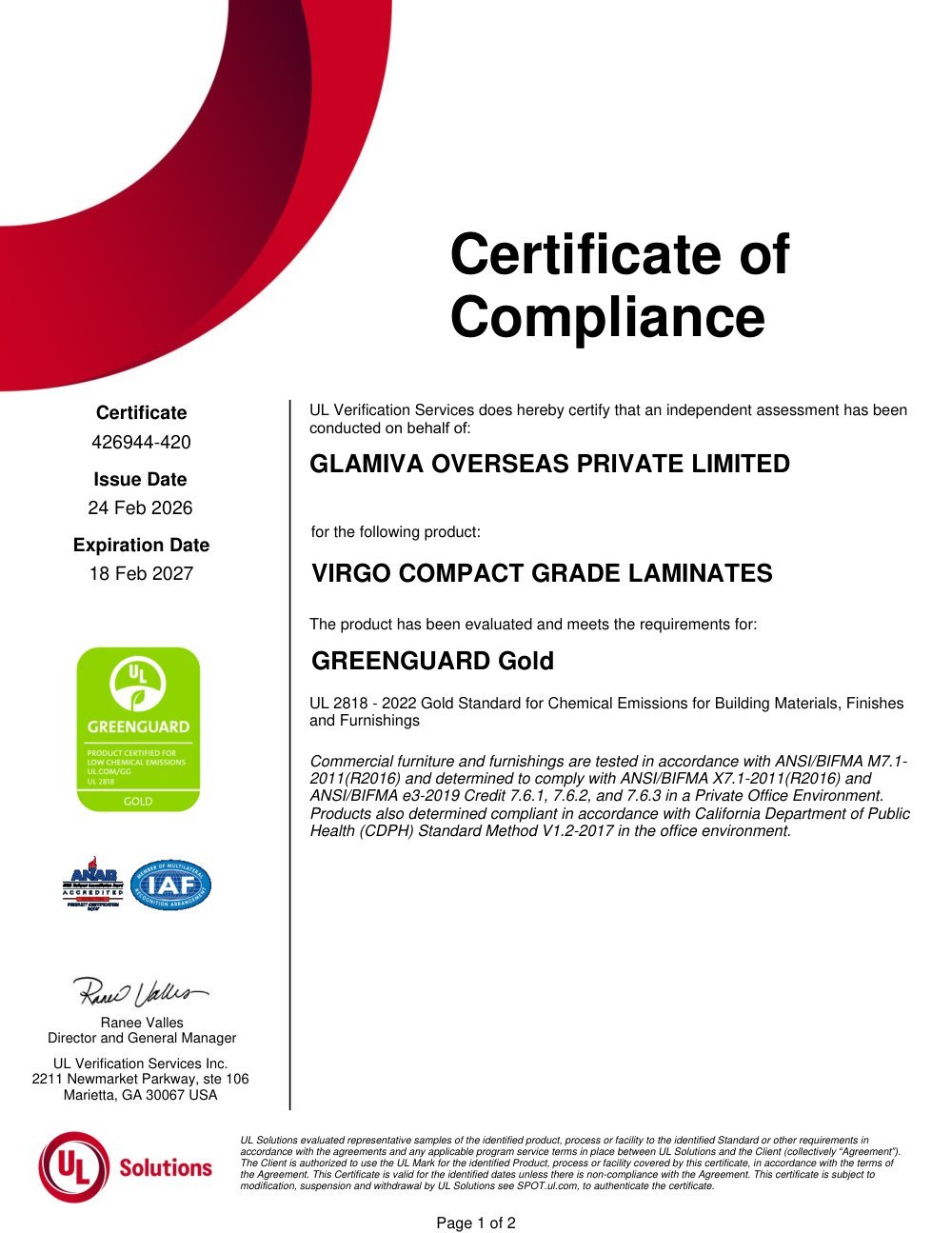 GREENGUARD Gold — Compact Grade certificate