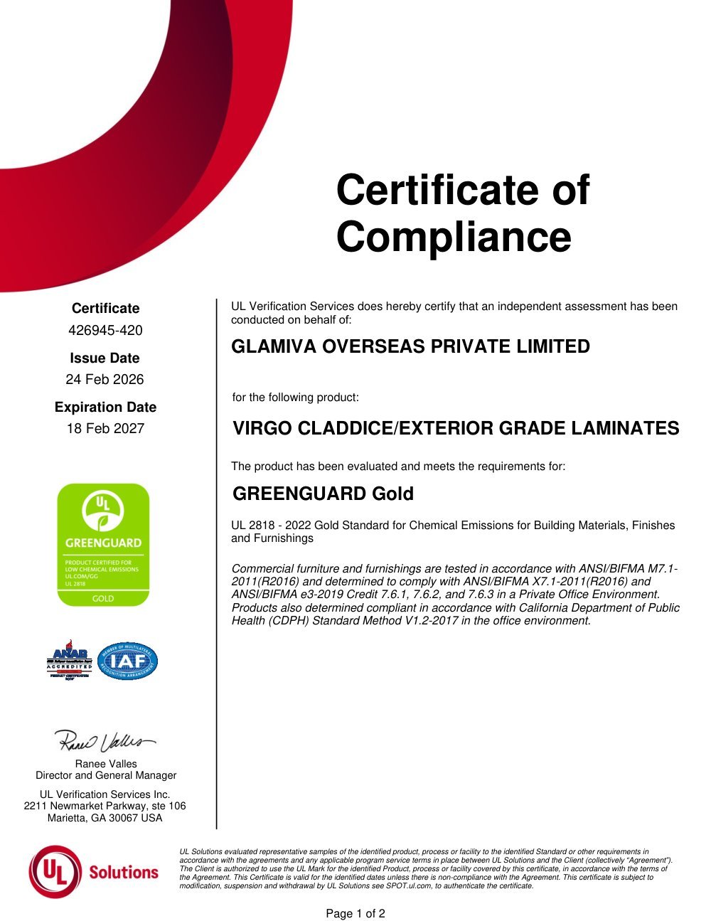 GREENGUARD Gold — Claddice / Exterior certificate