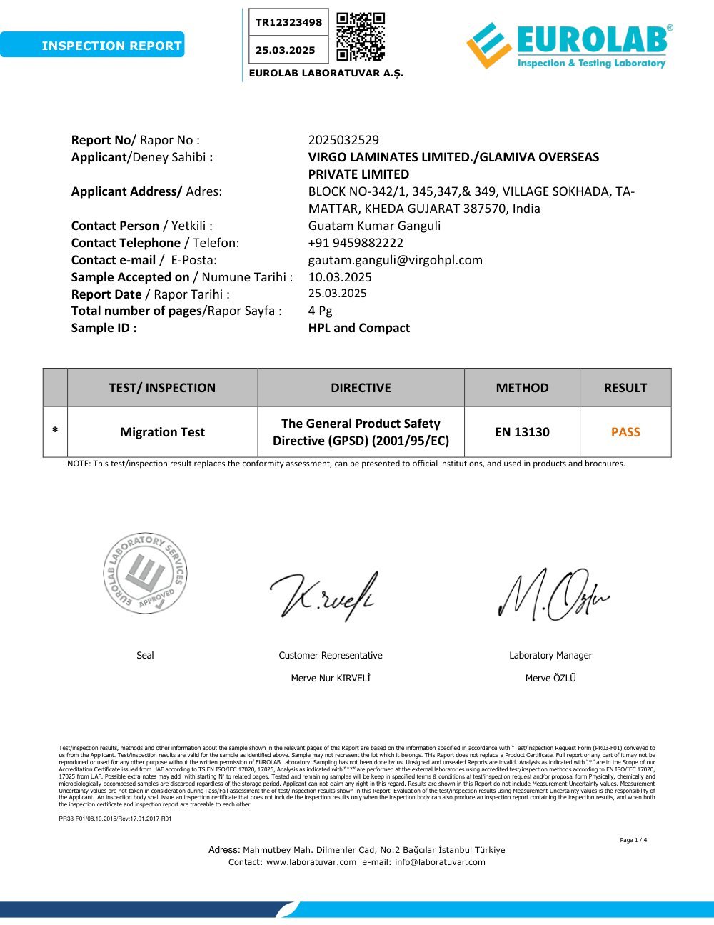EN 13130 — Specific Migration certificate